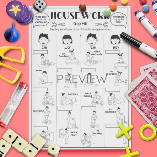 ESL English Housework Gap Fill Game Activity Worksheet