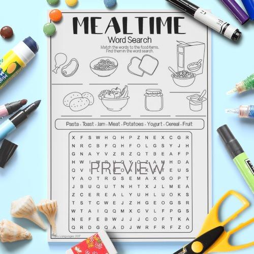 ESL English Food Mealtimes Word Search Activity Worksheet