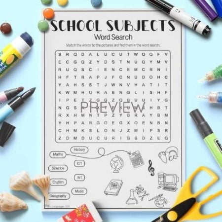 ESL English School Subjects Word Search Activity Worksheet
