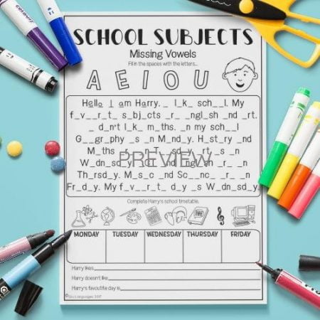 ESL English School Subjects Missing Vowels Activity Worksheet