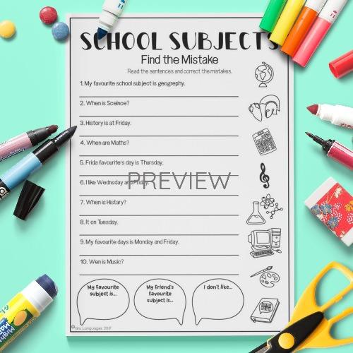 ESL English School Subjects Find The Mistake Activity Worksheet