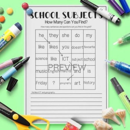 ESL English School Subjects Word Grid Activity Worksheet