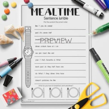 ESL English Food Mealtimes Sentence Jumble Activity Worksheet