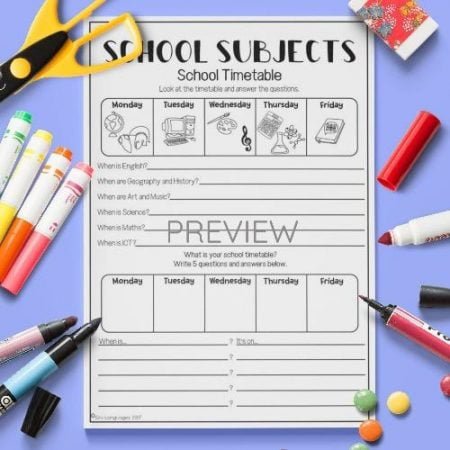 ESL English School Subjects Timetable Activity Worksheet