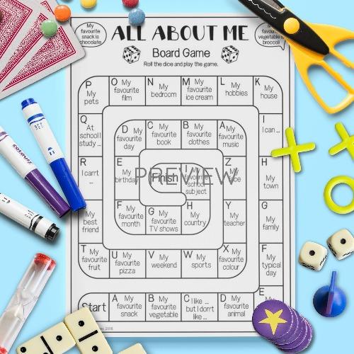 ESL English About Me Board Game Activity Worksheet
