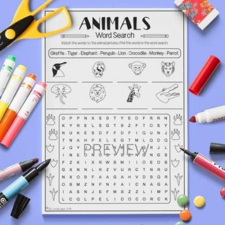 ESL English Animals Word Search Activity Worksheet