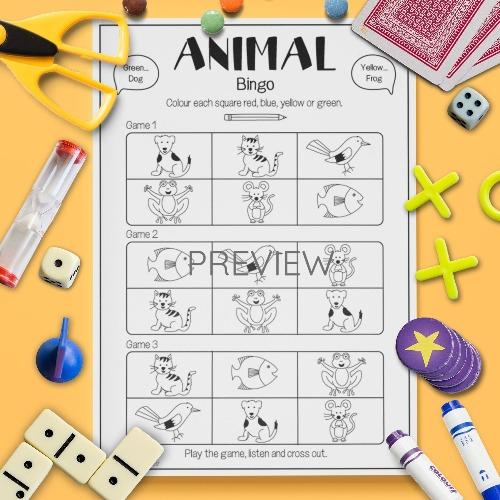 ESL English Animals Bingo Game Activity Worksheet