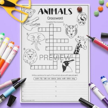 ESL English Wild Animals Crossword Activity Worksheet