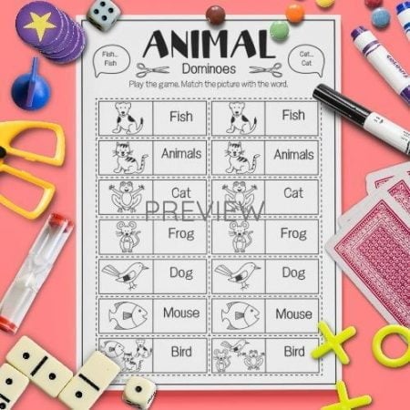 ESL English Animals Dominoes Game Activity Worksheet