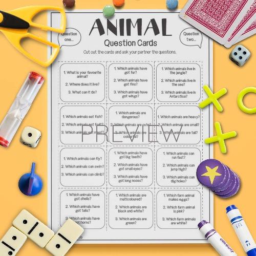 ESL English Animals Question Cards Activity Worksheet