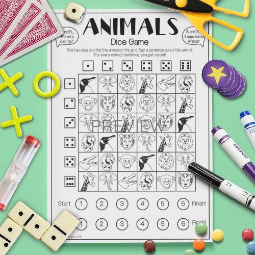 ESL English Animals Dice Game Activity Worksheet