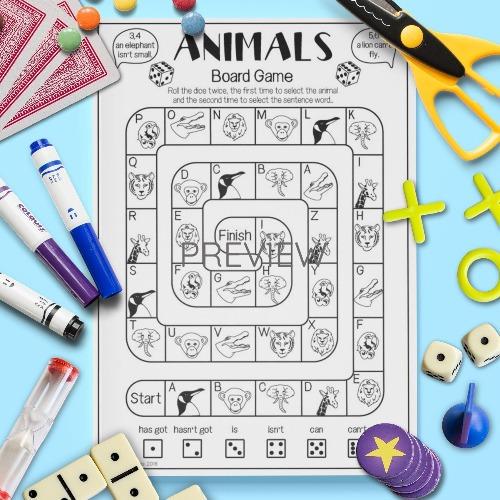 ESL English Animals Sentence Board Game Activity Worksheet