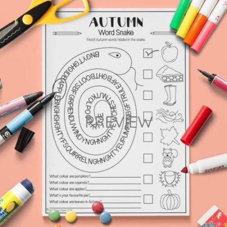ESL English Autumn Word Snake Activity Worksheet