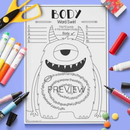 ESL English Body Monster Word Swirl Activity Worksheet