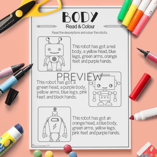 ESL English Body Robot Read And Colour Activity Worksheet