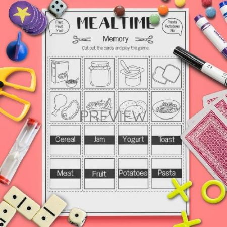 ESL English Food Mealtimes Memory Game Activity Worksheet