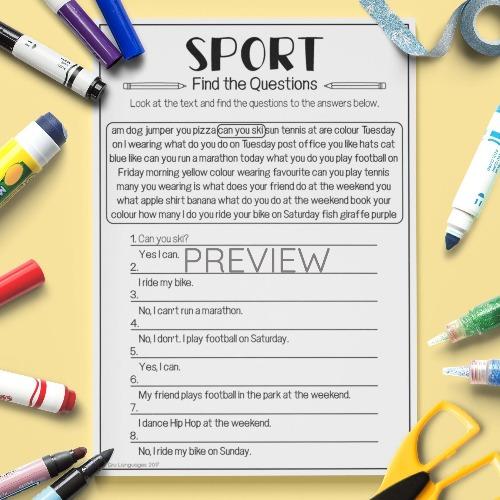 ESL English Sport Find The Questions Activity Worksheet