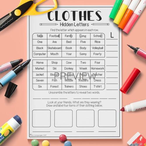 ESL English Clothes Hidden Letters Puzzle Activity Worksheet