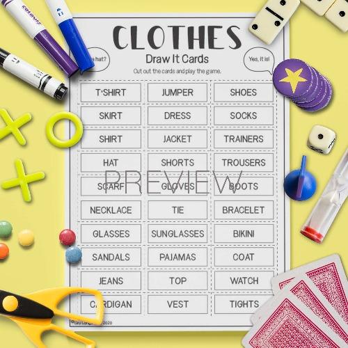 ESL English Clothes Draw It Card Game Activity Worksheet