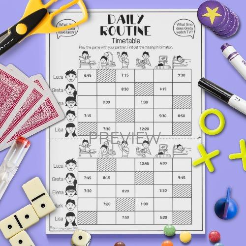 ESL English Daily Routine Timetable Game Activity Worksheet