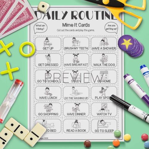 ESL English Daily Routine Mime Card Game Activity Worksheet