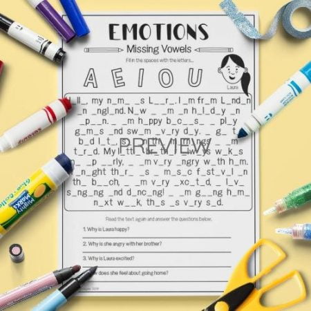 ESL English Emotions Missing Vowels Activity Worksheet