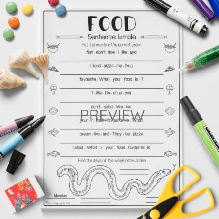ESL English Food Sentence Jumble Activity Worksheet