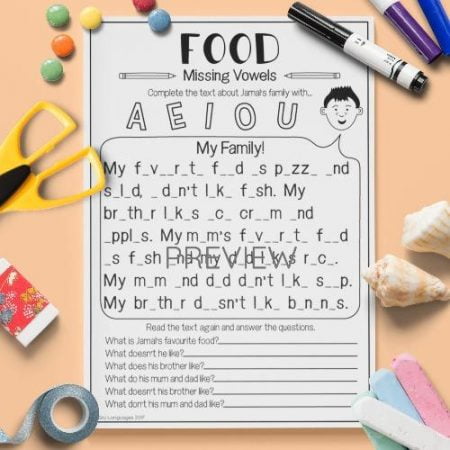 ESL English Food Missing Vowels Activity Worksheet