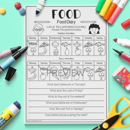 ESL English Food Diary Activity Worksheet