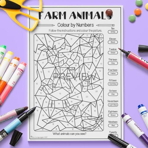 ESL English  Farm Animals Colour By Numbers Activity Worksheet