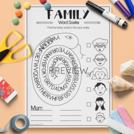 ESL English Family Word Snake Activity Worksheet
