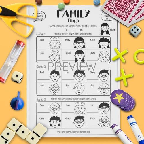 ESL English Family Bingo Game Activity Worksheet