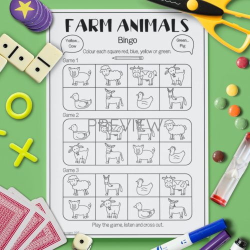 ESL English Farm Animal Bingo Game Activity Worksheet