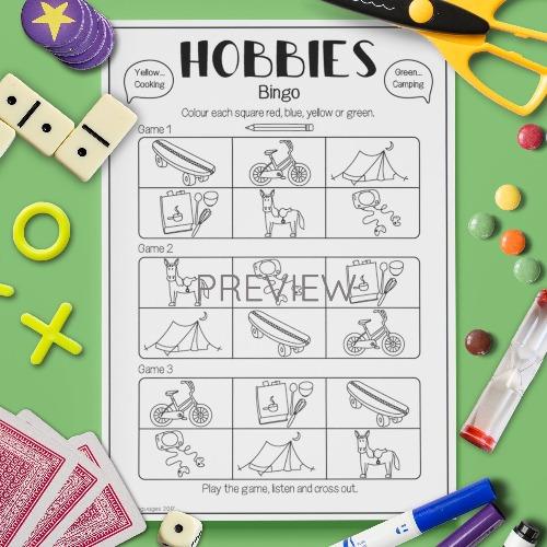 ESL English Hobbies Bingo Game Activity Worksheet