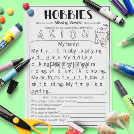 ESL English Hobbies Missing Vowels Activity Worksheet