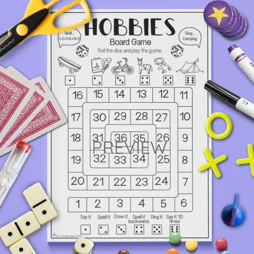 ESL English Hobbies Board Game Activity Worksheet