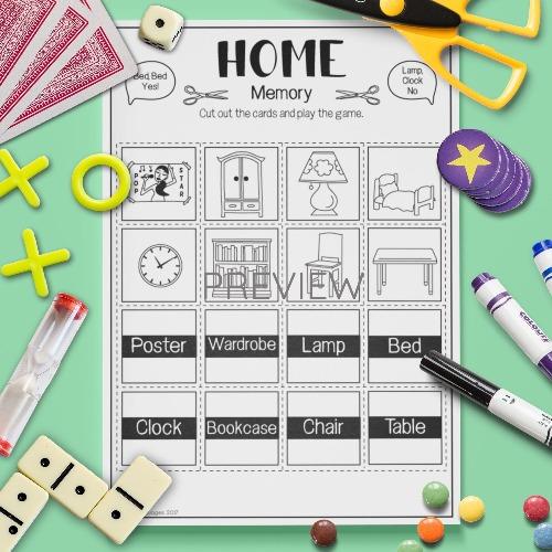 ESL English Home Memory Game Activity Worksheet