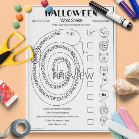 ESL English Halloween Word Snake Activity Worksheet