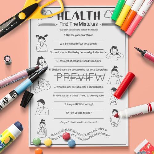 ESL English Health Find The Mistakes Activity Worksheet