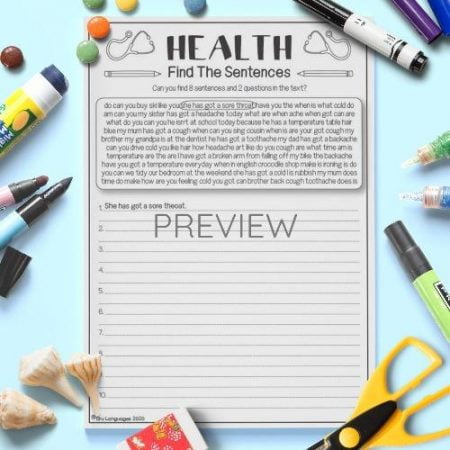 ESL English Health Find The Sentences Activity Worksheet