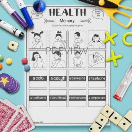 ESL English Health Memory Game Activity Worksheet