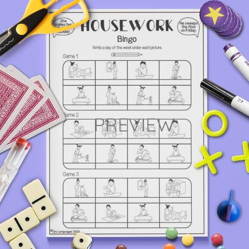 ESL English Housework Bingo Activity Worksheet