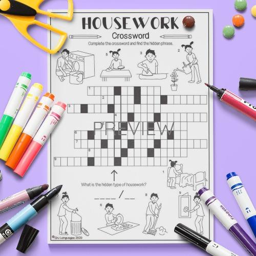 ESL English Housework Crossword Activity Worksheet