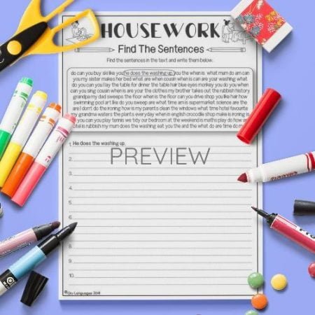 ESL English Housework Find The Sentences Activity Worksheet