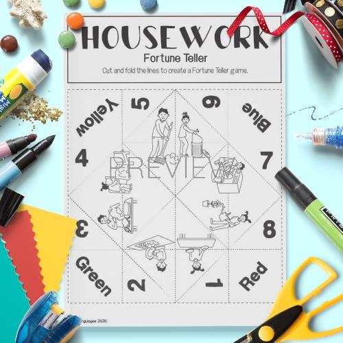 ESL English Housework Fortune Teller Game Craft Activity Worksheet