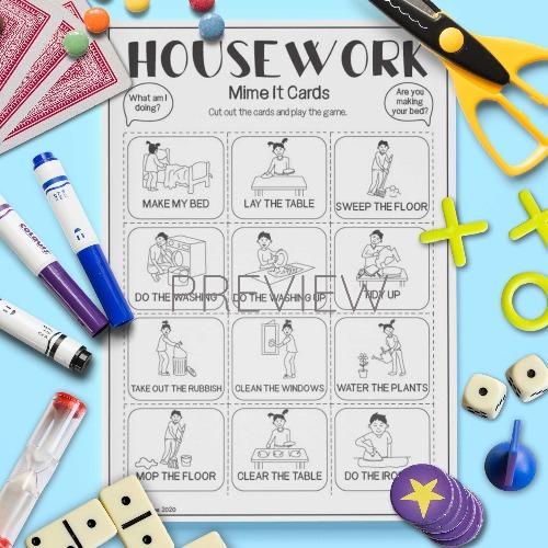 ESL English Housework Mime It Card Game Activity Worksheet