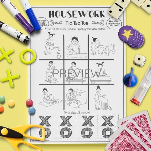 ESL English Housework Tic Tac Toe Game Activity Worksheet