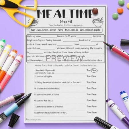 ESL English Mealtimes Gap Fill Activity Worksheet