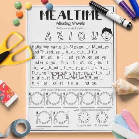 ESL English Mealtimes Missing Vowels Activity Worksheet