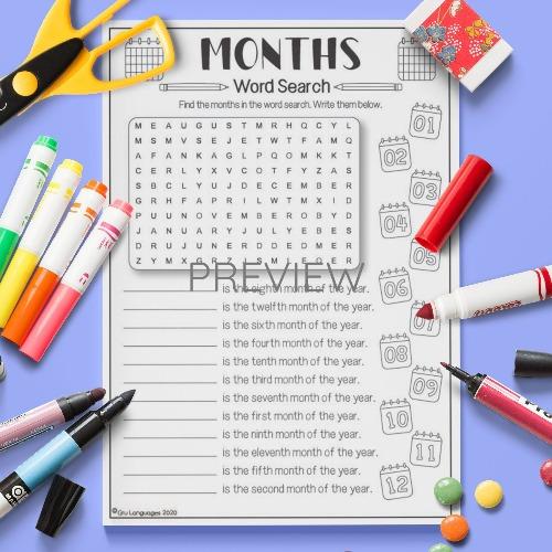 ESL English Months Of The Year Word Search Activity Worksheet
